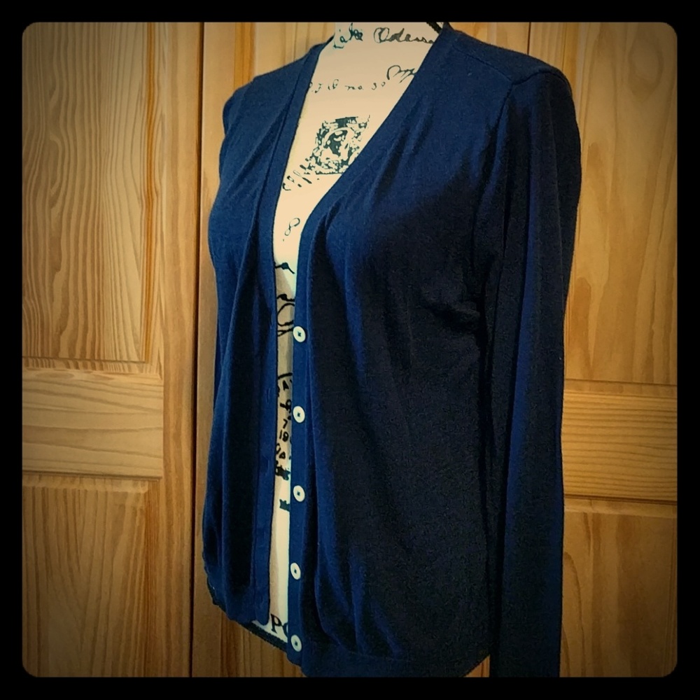 Matilda Jane navy blue cardigan with sheer back.